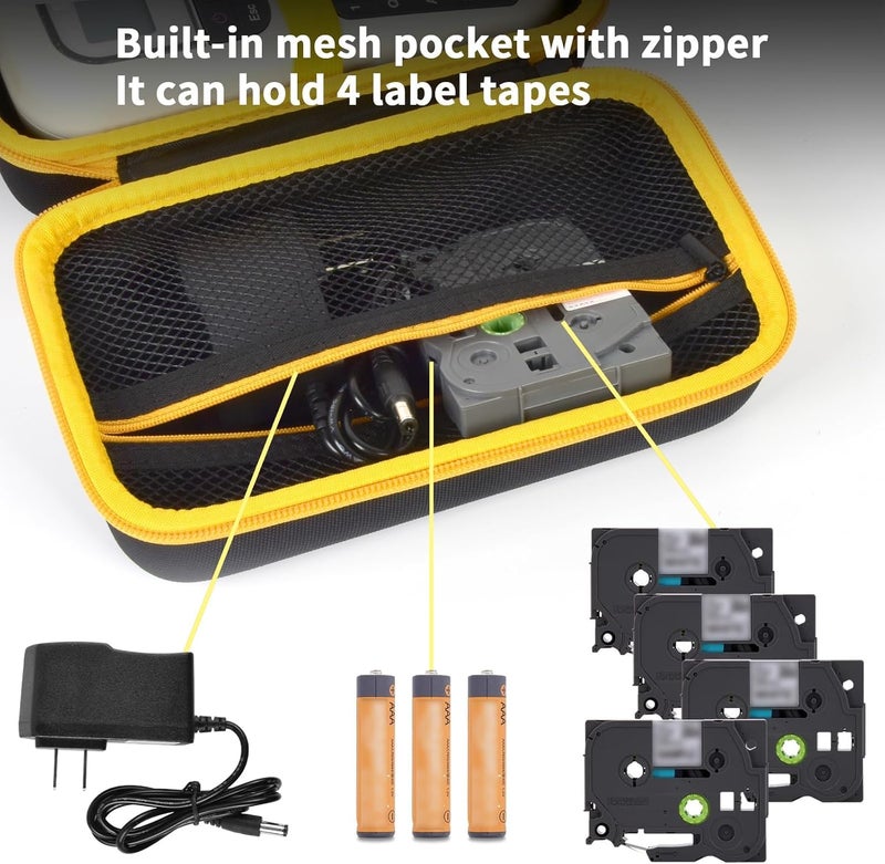 GWCASE Case Compatible with Brother for P-Touch PTH110BP/ PTH110/ Pro PT-H111/ PTE110 Portable Label Maker, Storage Holder Carrying Organizer for Label Tapes, AC Adapter, Charging Cables -Yellow Zipper - Image 4